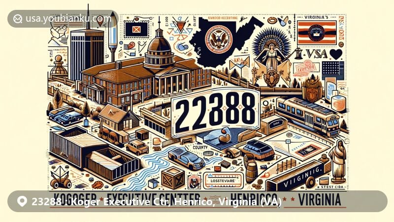 Modern illustration of Koger Executive Center, Henrico, Virginia, highlighting postal theme with ZIP code 23288, showcasing Henrico County's landmarks and Virginia's symbols.