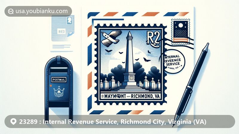 Modern illustration of Richmond, Virginia showcasing postal theme with airmail envelope, stamp, and mailbox, depicting local landmark and postal culture elements. Inspired by regional charm and attention to detail.