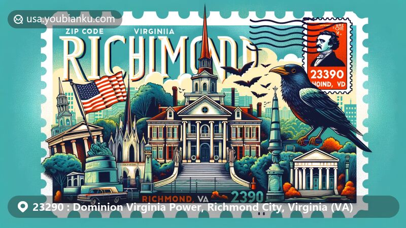 Modern illustration of Richmond, Virginia, portraying ZIP code 23290 with a postal theme and prominent landmarks like Maymont, Hollywood Cemetery, Virginia Capitol Building, and the Edgar Allan Poe Museum.