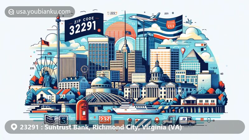 Modern illustration of Suntrust Bank in Richmond City, Virginia, featuring ZIP Code 23291, showcasing Richmond City skyline, Virginia state flag, and postal elements like postcard, air mail envelope, stamps, postmark, mailbox, and postal vehicle.
