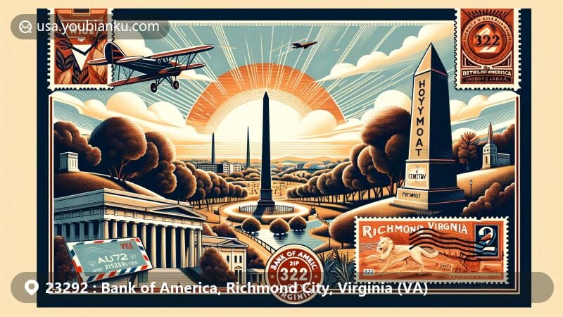 Modern illustration of ZIP code 23292, Bank of America, Richmond City, Virginia, featuring Maymont and Hollywood Cemetery, with vintage postal elements like air mail envelope, postage stamps, and postmark.