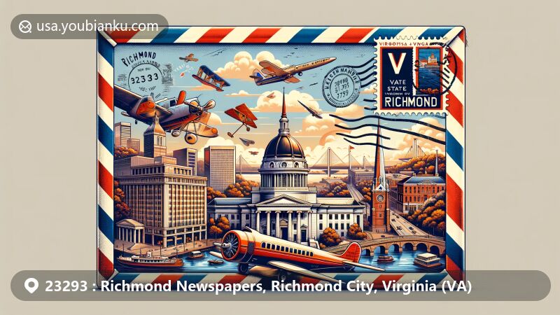 Modern illustration of Richmond, Virginia, featuring iconic landmarks like the Virginia State Capitol, James River skyline, Monument Avenue, and St. John's Episcopal Church, creatively integrated into a vintage air mail envelope.