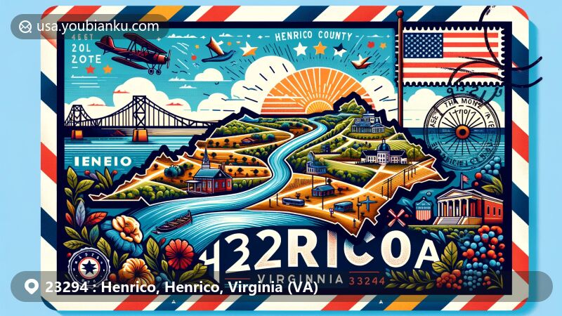 Modern illustration of Henrico, Virginia, capturing the essence of ZIP code 23294 with iconic landmarks like the James River and Civil War sites, featuring vintage postcard design.