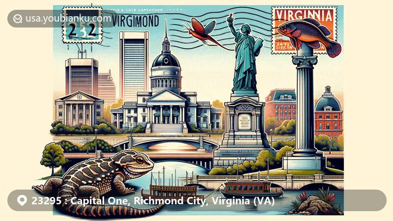 Creative illustration of Richmond, Virginia, emphasizing historical landmarks like the Virginia State Capitol and Monument Avenue, and cultural symbols such as the Eastern Oyster and Chesapeake Bay Deadrise boat.