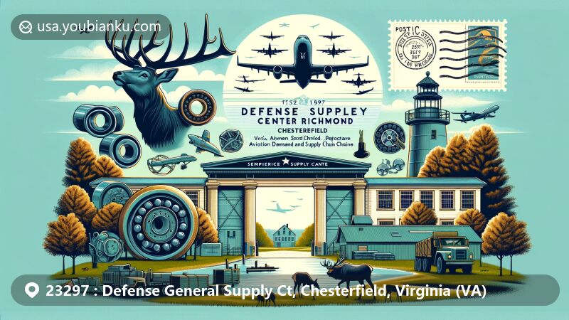 Modern illustration of Defense Supply Center Richmond in Chesterfield, Virginia, with aviation-themed elements and local wildlife, featuring vintage postcard design and ZIP Code 23297.