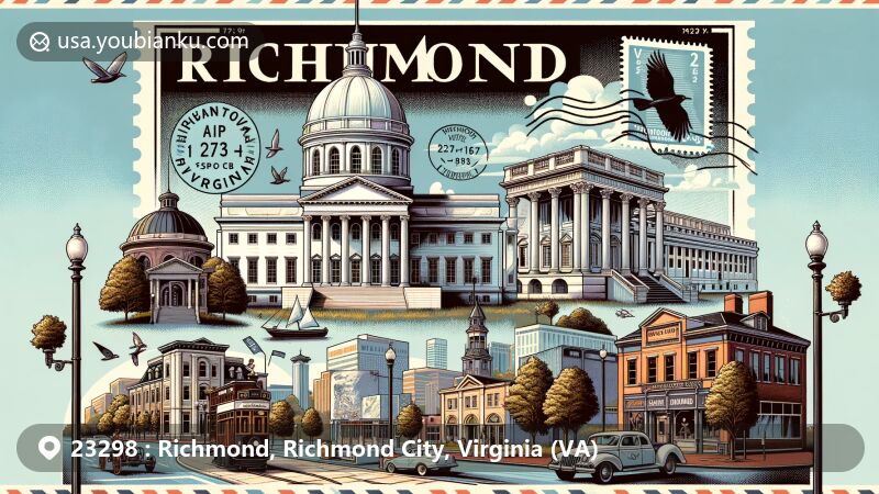 Modern illustration of Richmond, Virginia, showcasing landmarks including the Virginia State Capitol, Maymont, and Carytown, with postal elements like vintage air mail envelope and postage stamp.
