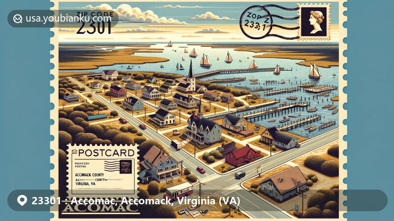 Modern illustration of Accomac, Accomack County, Virginia, showcasing postal theme with ZIP code 23301, featuring Eastern Shore beauty, Chesapeake Bay, Atlantic Ocean, and historical elements.