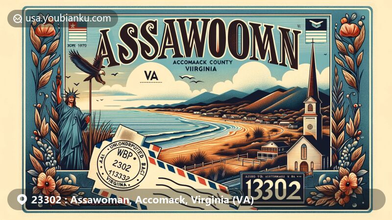 Modern illustration of Assawoman, Accomack County, Virginia, highlighting Gargathy Beach and Assawoman Church of England, with creative postal elements and the Virginia state flag.