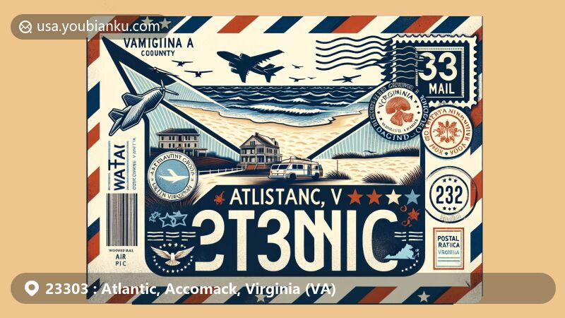 Modern illustration of Atlantic, Virginia, in Accomack County, showcasing postal theme with ZIP code 23303, vintage air mail envelope, Virginia state symbols, Accomack County map, and Eastern Virginia coastal elements.