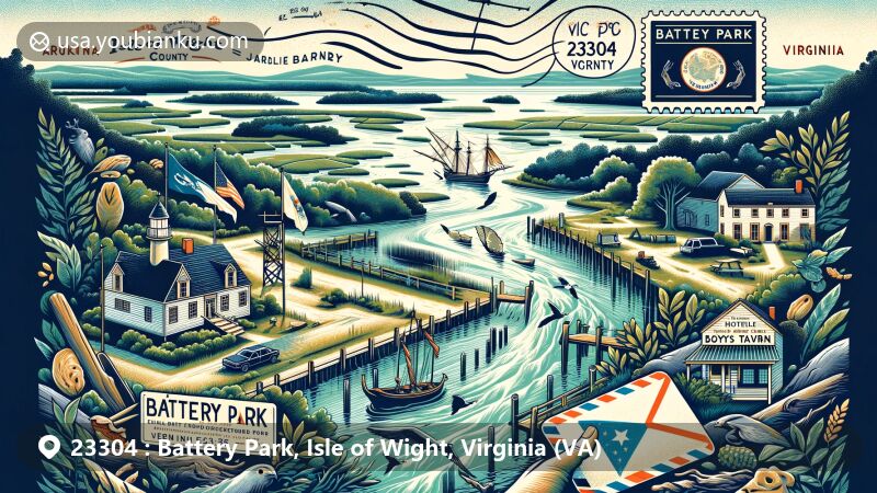 Modern illustration of Battery Park in Isle of Wight County, Virginia, highlighting Pagan River, Boykin's Tavern, and natural beauty, framed within an airmail envelope with ZIP code 23304.