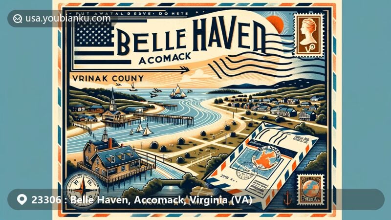 Modern illustration of Belle Haven, Accomack County, Virginia, showcasing postal theme with ZIP code 23306, featuring vintage-style air mail envelope with Virginia state flag stamp and 'Belle Haven, VA 23306' postal mark.