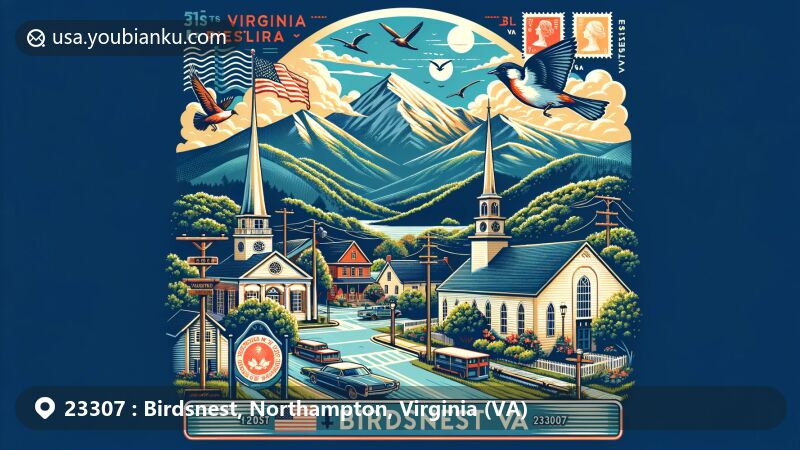 Modern illustration of Birdsnest, Northampton County, VA, celebrating ZIP code 23307 with Blue Ridge Mountains backdrop and postal theme, featuring Hungars Parish church and Virginia state elements.