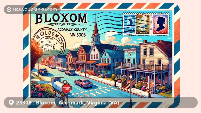 Vibrant illustration of Bloxom, Accomack County, Virginia, showcasing small-town charm with postal themed elements like a stamp, postmark, and envelope border, designed as a picturesque postcard view.