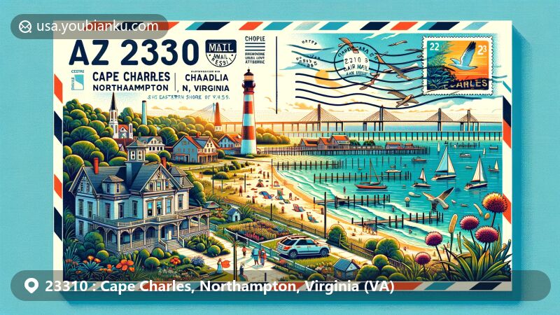 Modern illustration of Cape Charles, Northampton County, Virginia, featuring iconic landmarks like the Chesapeake Bay Bridge-Tunnel, Victorian buildings in the Historic District, wildlife preserve, and gardens. The design includes postal elements such as stamps, postmark, and ZIP code 23310.