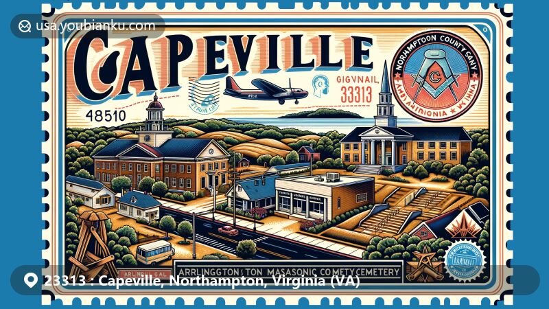 Modern illustration of Capeville area, Northampton County, Virginia, highlighting Arlington Archaeological Site, Capeville Masonic Cemetery, post office, Methodist church, vintage postcard theme with Virginia state flag stamp, airmail border, ZIP Code 23313.