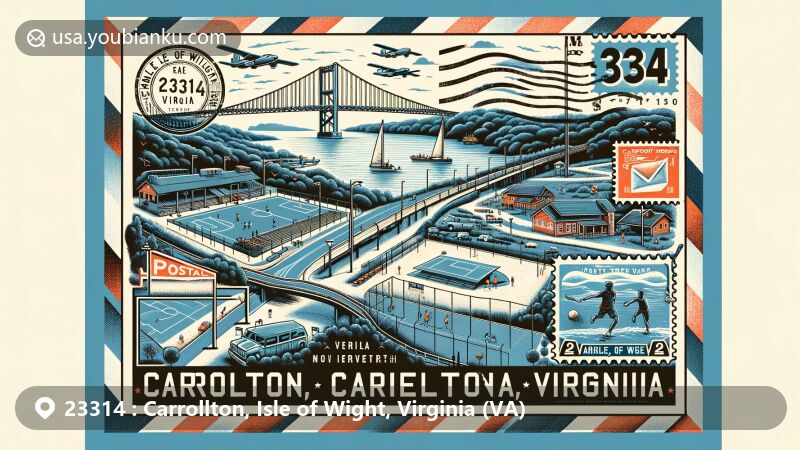 Modern illustration of Carrollton, Isle of Wight County, Virginia, featuring James River Bridge and Nike Park, with a postal theme including ZIP code 23314 and vintage airmail elements.