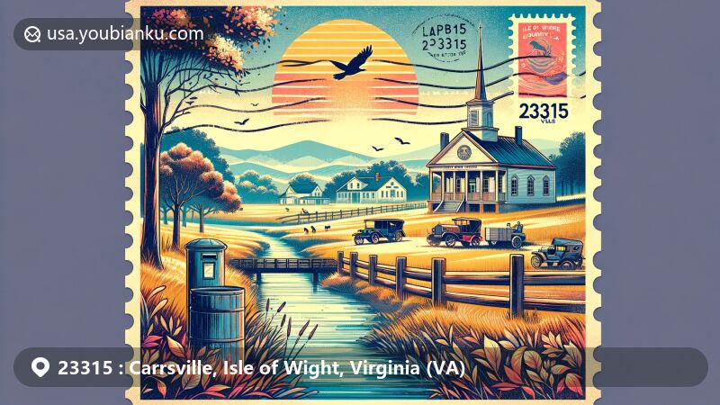 Vintage-style illustration of Carrsville, Isle of Wight, Virginia, highlighting postal theme with ZIP code 23315, showcasing original courthouse, Smithfield Inn, and Civil War history.