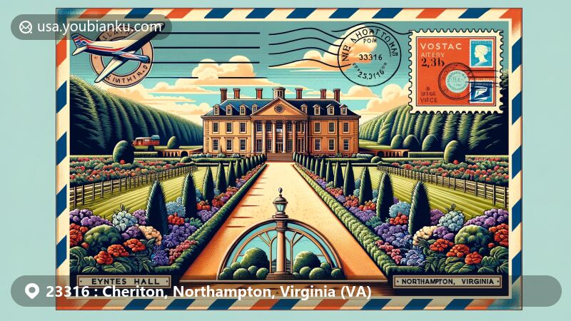 Modern illustration of Eyre Hall in Cheriton, Northampton County, Virginia, with airmail envelope elements, American postal symbols, ZIP Code 23316, and Virginia state flag.