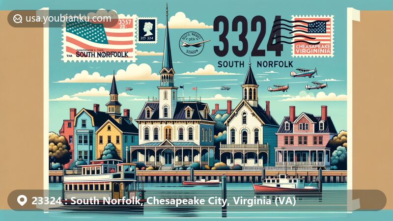 Modern illustration of South Norfolk, Chesapeake City, Virginia, featuring ZIP code 23324, showcasing the historic district's Queen Anne style architecture and the Elizabeth River, with vintage postal elements.