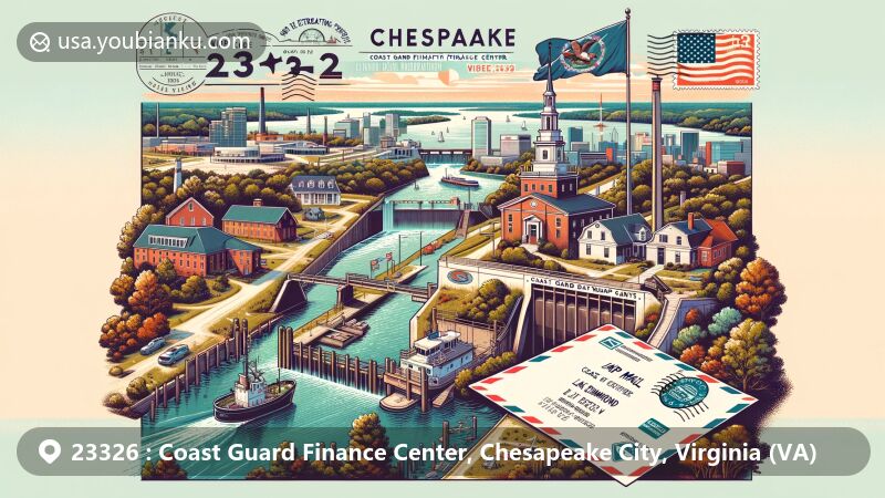 Modern illustration of Chesapeake City, Virginia, highlighting postal theme with ZIP code 23326, featuring Great Dismal Swamp Canal, Lake Drummond, and Great Bridge Lock.