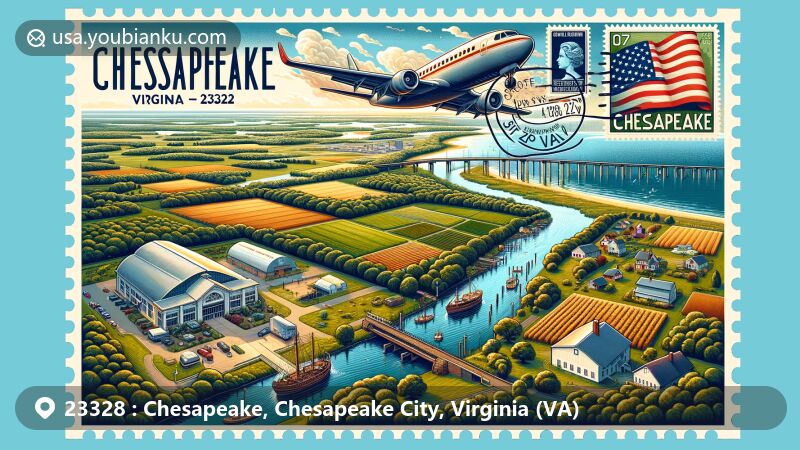 Modern illustration of Chesapeake, Virginia, featuring farmland, forests, and the Great Dismal Swamp National Wildlife Refuge, with landmarks like the Great Bridge Lock, Lake Drummond, and the South Norfolk Jordan Bridge, along with vintage postal elements.