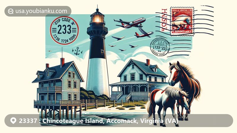 Modern illustration of Chincoteague Island, Virginia, highlighting Assateague Lighthouse, Captain Timothy Hill House, Chincoteague ponies, and postal theme with ZIP code 23337.