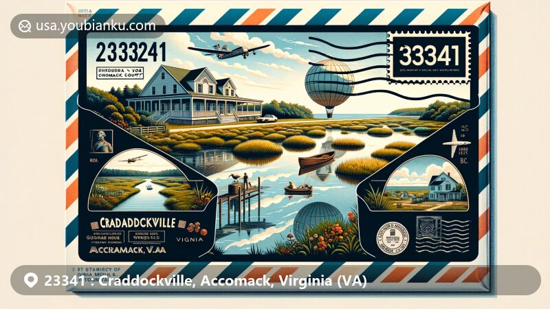 Modern illustration of Craddockville, Accomack, Virginia, with a stylized airmail envelope revealing the iconic Edmund Bayly House and postal elements, symbolizing historical significance and postal heritage.