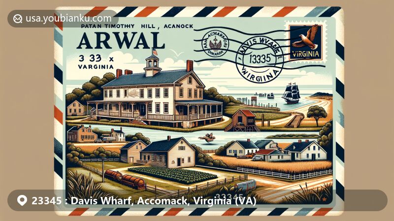 Vintage airmail envelope illustration of Davis Wharf, Accomack, Virginia, featuring landmarks like Captain Timothy Hill House and Ker Place in the scenic Accomack County with farmlands, marshes, Chesapeake Bay, and Atlantic Ocean.