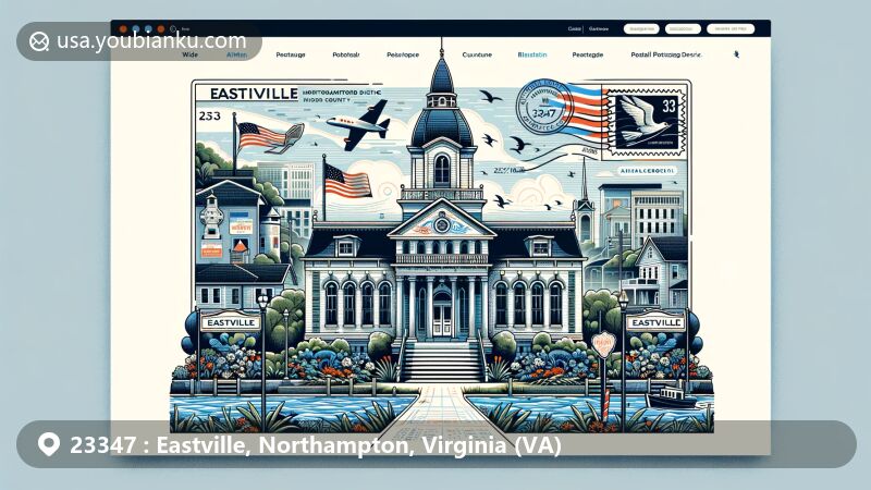 Modern illustration of Eastville Historic District in Northampton County, Virginia, featuring iconic landmarks like Northampton County Courthouse and natural scenery of Chesapeake Bay, incorporating postal elements with stamps, postmarks, and ZIP Code 23347.