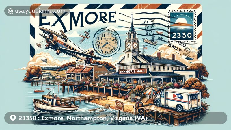 Modern illustration of Exmore, Virginia, showcasing postal theme with ZIP code 23350, featuring iconic Exmore Diner clock, Fall Festival on Main Street, maritime heritage, and Chesapeake Bay landscape.