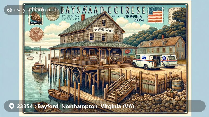 Modern illustration of Bayford Oyster House in Bayford, Northampton County, Virginia, featuring rustic building, dock on Nassawadox Creek, Virginia state symbols, and postal elements with ZIP Code 23354.