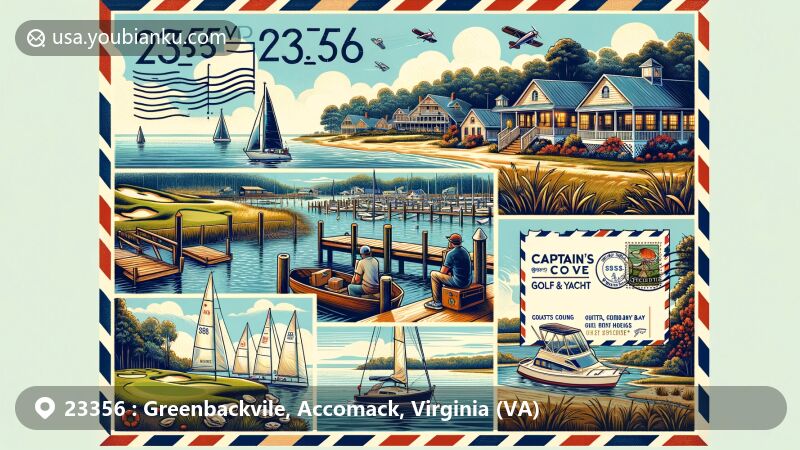 Modern illustration of Greenbackville, Virginia, showcasing coastal charm and historic oyster industry, featuring Captain's Cove Golf & Yacht Club and Chincoteague Bay.