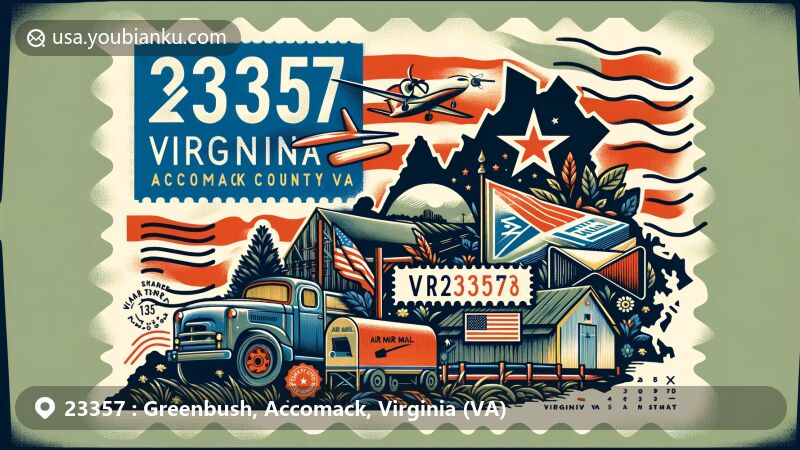Modern illustration of Greenbush, Accomack County, Virginia, highlighting ZIP code 23357, featuring rural charm, community spirit, air mail envelope, stamps, postmark, Virginia silhouette, star marker, and American flag.