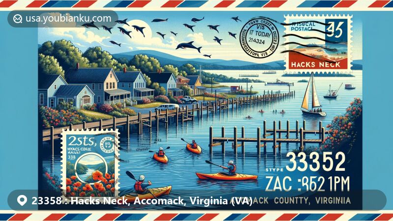 Modern illustration of Hacks Neck, Accomack in Virginia, featuring marine life like dolphins, airmail envelope border, vintage postage stamp representing Virginia, postmark with ZIP Code 23358, and today's date.