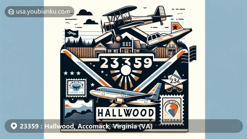 Modern illustration of Hallwood, Accomack County, Virginia, featuring aviation-themed envelope with Virginia state flag stamp, Accomack County silhouette, and symbols of humid subtropical climate and small-town vibe.