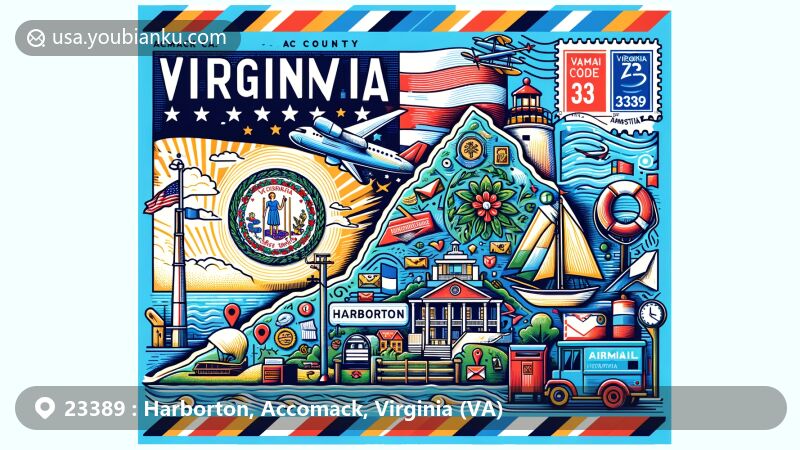 Modern illustration of Harborton, Accomack County, Virginia, blending natural beauty, historical landmarks, and postal theme with Virginia state symbols, airmail elements, and ZIP code 23389.