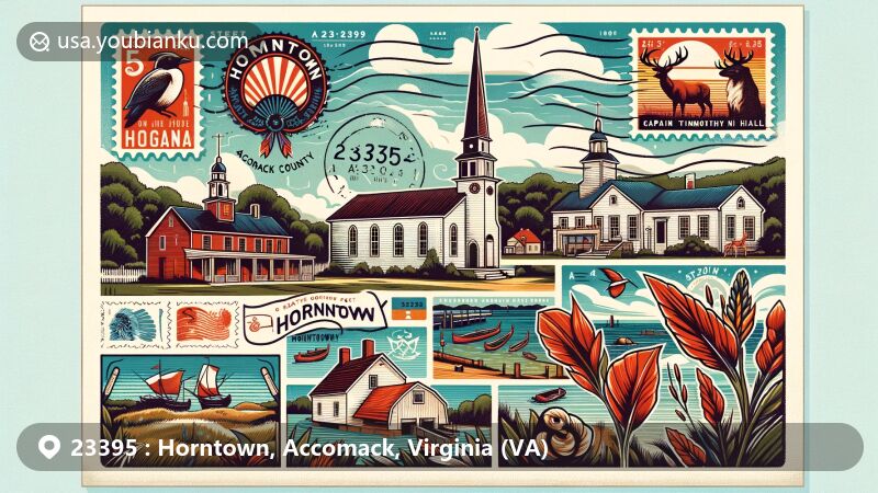 Modern illustration of Horntown, Accomack, Virginia, showcasing postal theme with ZIP code 23395, featuring Virginia Eastern Shore landscapes, Cokesbury Church, Captain Timothy Hill House, and Native American heritage.