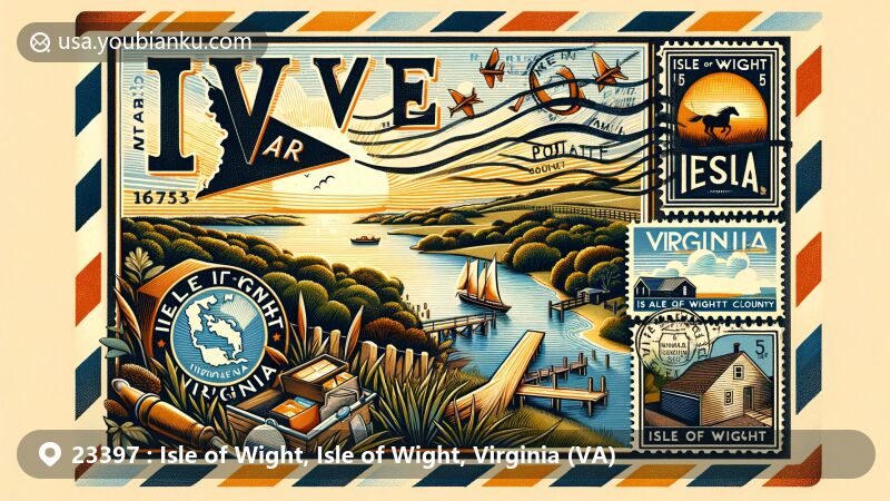 Modern illustration of Isle of Wight area in Virginia with postal theme and vintage airmail envelope, featuring ZIP code 23397, showcasing map of Isle of Wight County, James River, and historical roots since 1637.