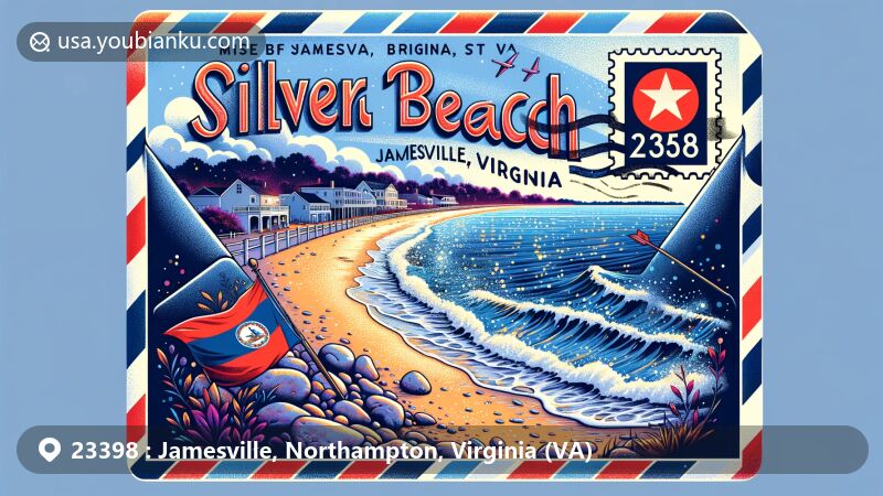 Modern illustration of Jamesville, Northampton, Virginia, with ZIP code 23398, showcasing scenic Silver Beach and Chesapeake Bay, framed in a unique airmail envelope design with integrated Virginia state flag.