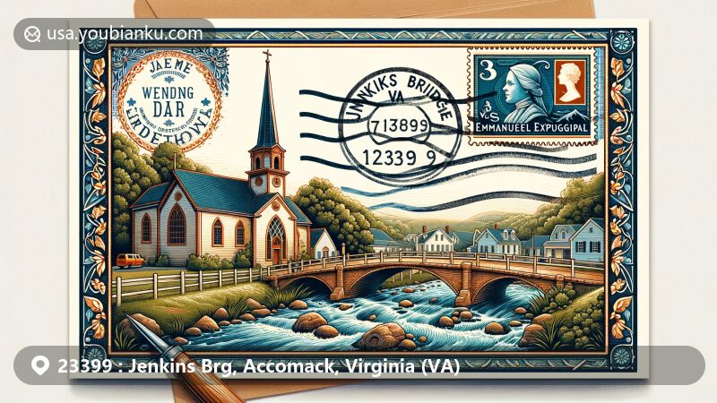 Modern illustration of Jenkins Brg, Accomack, Virginia, displaying an open air mail envelope with 'Jenkins Bridge, VA 23399', featuring Emmanuel Episcopal Church stamp, postmark, and scenic beauty of Accomack County.
