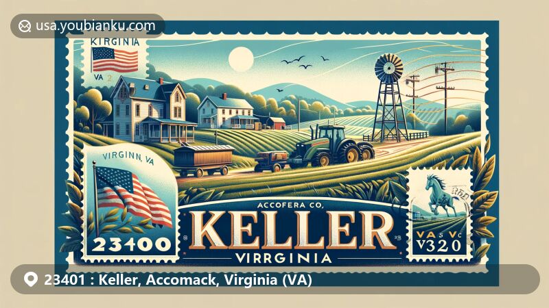 Modern illustration of Keller, Virginia, in Accomack County, showcasing vintage postcard elements with postal theme and ZIP code 23401, featuring the Virginia state flag and local landmarks.