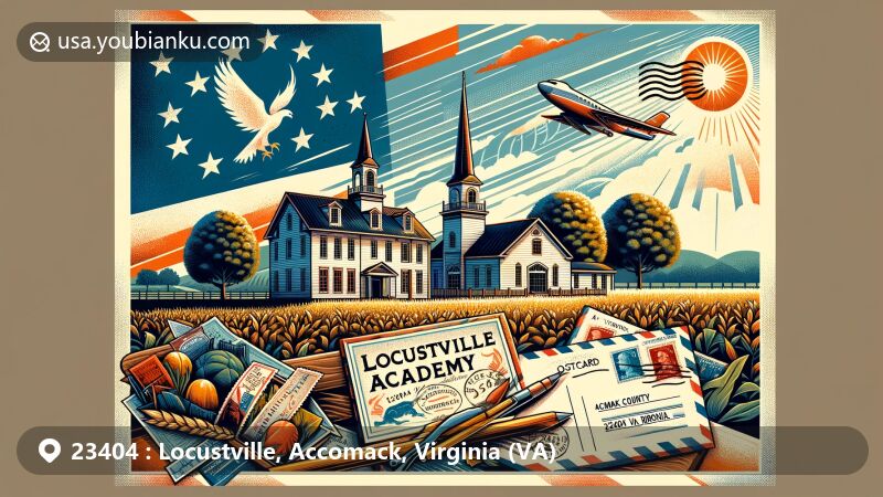 Modern illustration of Locustville Academy, Accomack County, Virginia, featuring Virginia state flag and postal theme with airmail envelope, stamps, and '23404 Locustville, VA' postmark.