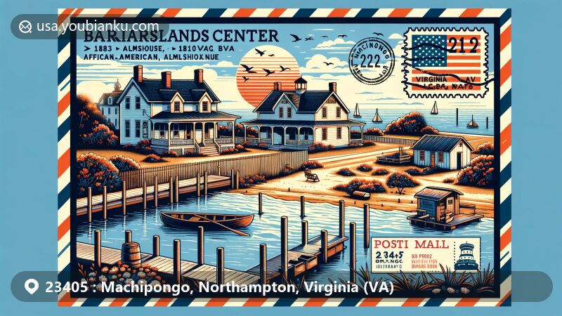 Modern illustration of Barrier Islands Center in Machipongo, VA, featuring historic almshouses, Quarter Kitchen, Chesapeake Bay inlets, boat docks, and sunset over the bay, with vintage airmail envelope and Virginia state flag.