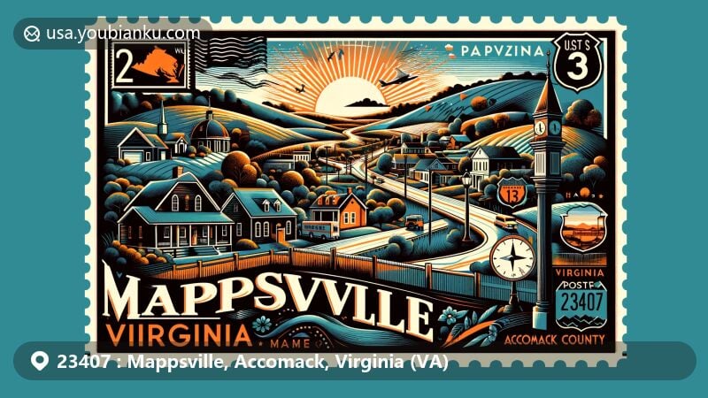 Modern illustration of Mappsville, Accomack County, Virginia, featuring U.S. Route 13 and postal theme with ZIP code 23407, highlighting small-town charm and natural beauty.