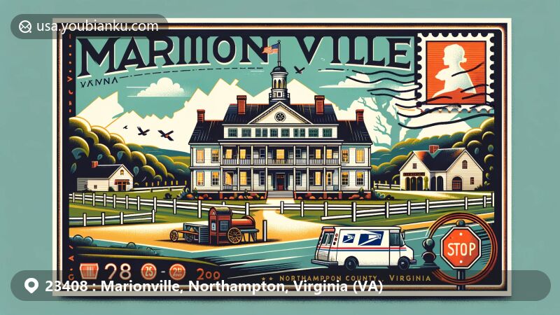 Modern illustration of Marionville, Northampton County, Virginia, portraying Eyreville estate and postal theme with ZIP code 23408, featuring historic landmarks and postal elements.