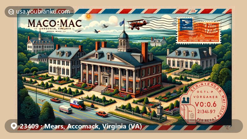 Creative illustration of Mears, Accomack County, Virginia, featuring the Accomac Historic District, Ker Place, and the Accomac Debtors' Prison. Styled like a vintage postal card with stamps and postmarks, emphasizing ZIP Code 23409. Incorporating Virginia state flag, mailbox, and mail truck, symbolizing postal heritage. Detailed architectural depictions surrounded by lush gardens, blending historical and contemporary design elements. Vibrant, earthy tones highlighting the natural beauty of Accomack County.