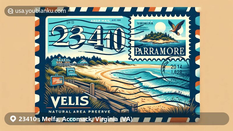 Modern illustration of Melfa, Accomack County, Virginia, resembling an air mail envelope with ZIP code 23410. The design features a postage stamp highlighting Parramore Island Natural Area Preserve and a postmark from Melfa, VA, reflecting the area's coastal beauty and postal theme.