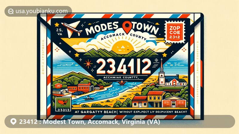 Modern illustration of Modest Town, Accomack County, Virginia, featuring vintage airmail envelope frame, map outline of Virginia with star marking Modest Town, illustration of Gargathy Beach, and nod to Civil War history.