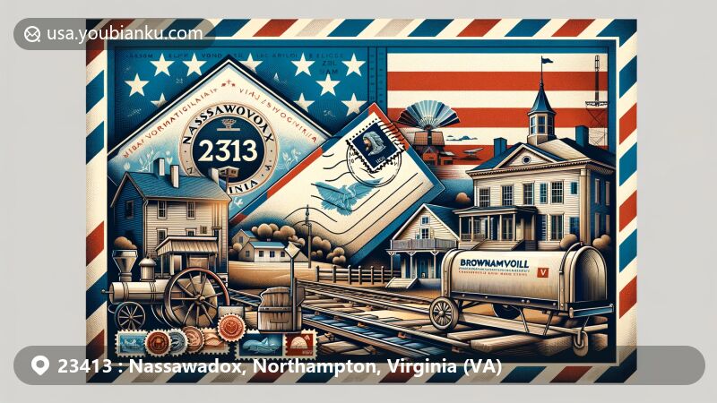 Modern illustration of Nassawadox, Virginia, showcasing historic Brownsville home, Northampton Lumber Company district, and Virginia state flag, with postal envelope featuring '23413' ZIP Code and postal symbols.