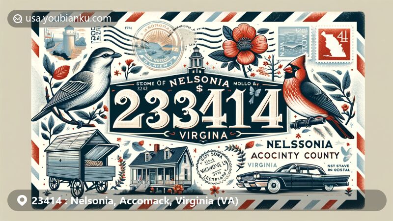 Modern illustration of Nelsonia, Accomack County, Virginia, showcasing postal theme with ZIP code 23414, featuring Virginia's state flower and bird.